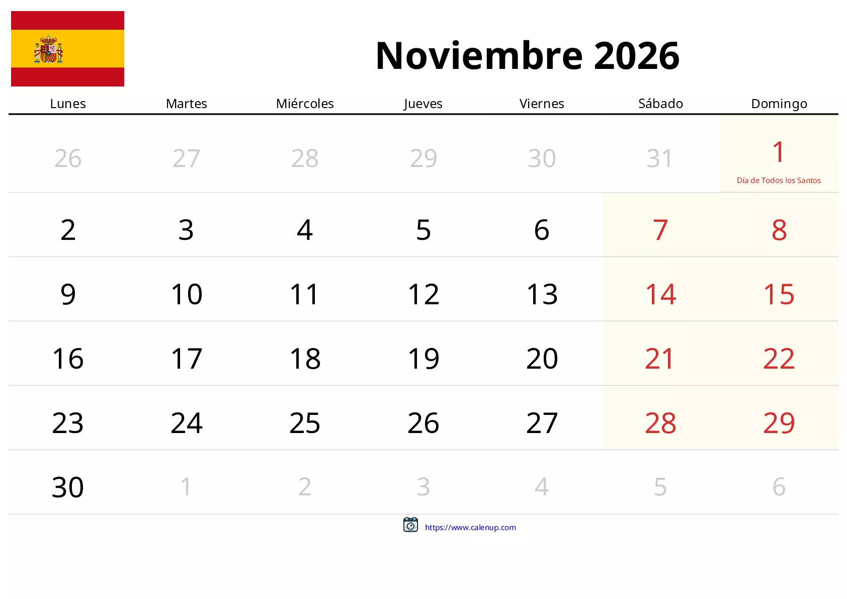 Calendario de Noviembre de 2026 para España - Festivos y PDF gratis ...