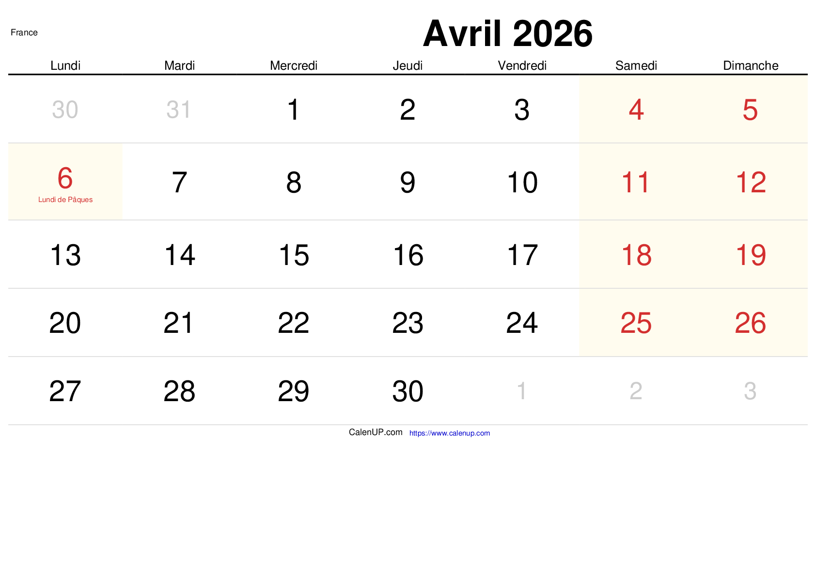 Calendrier Avril 2026