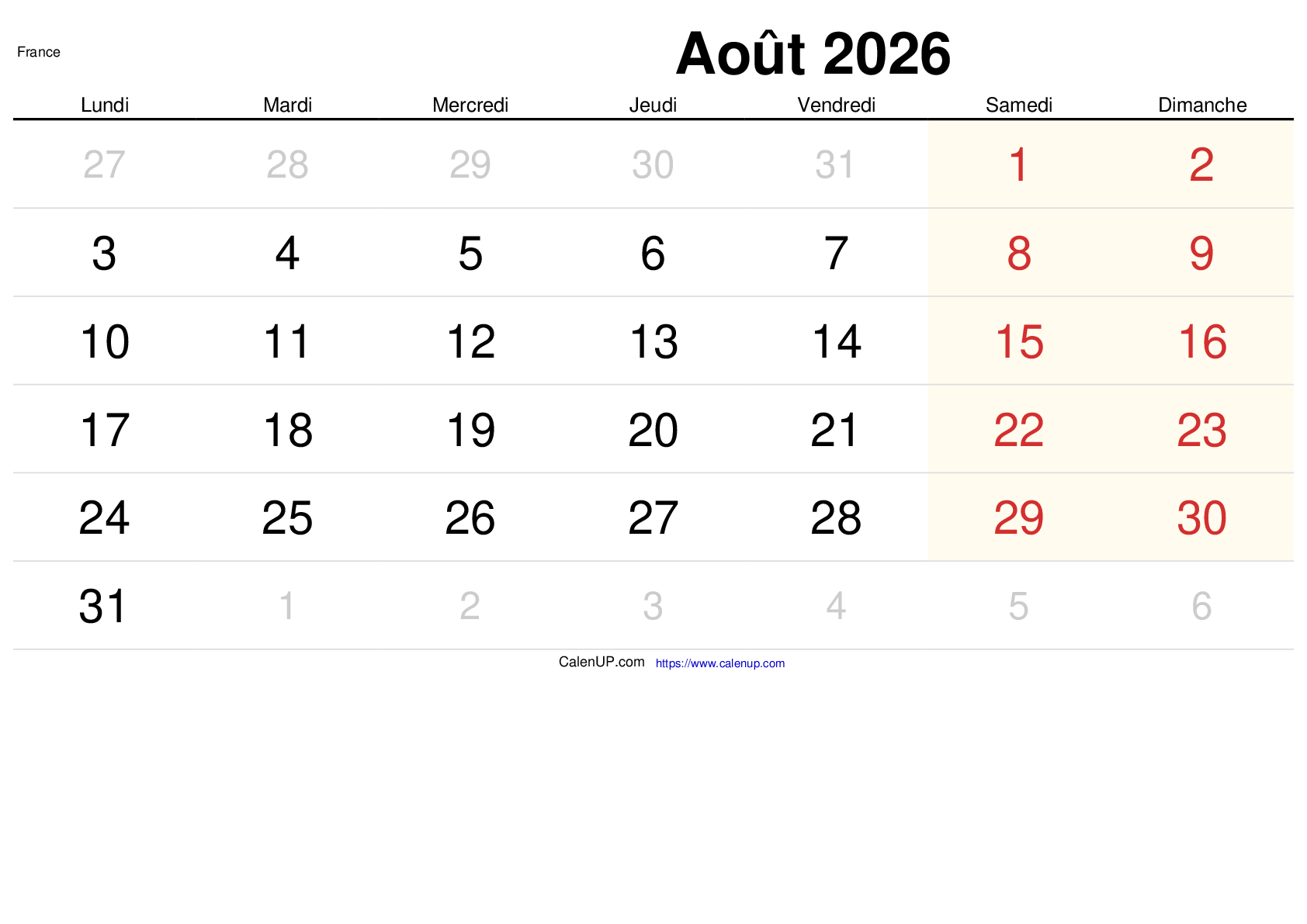 Calendrier Août 2026