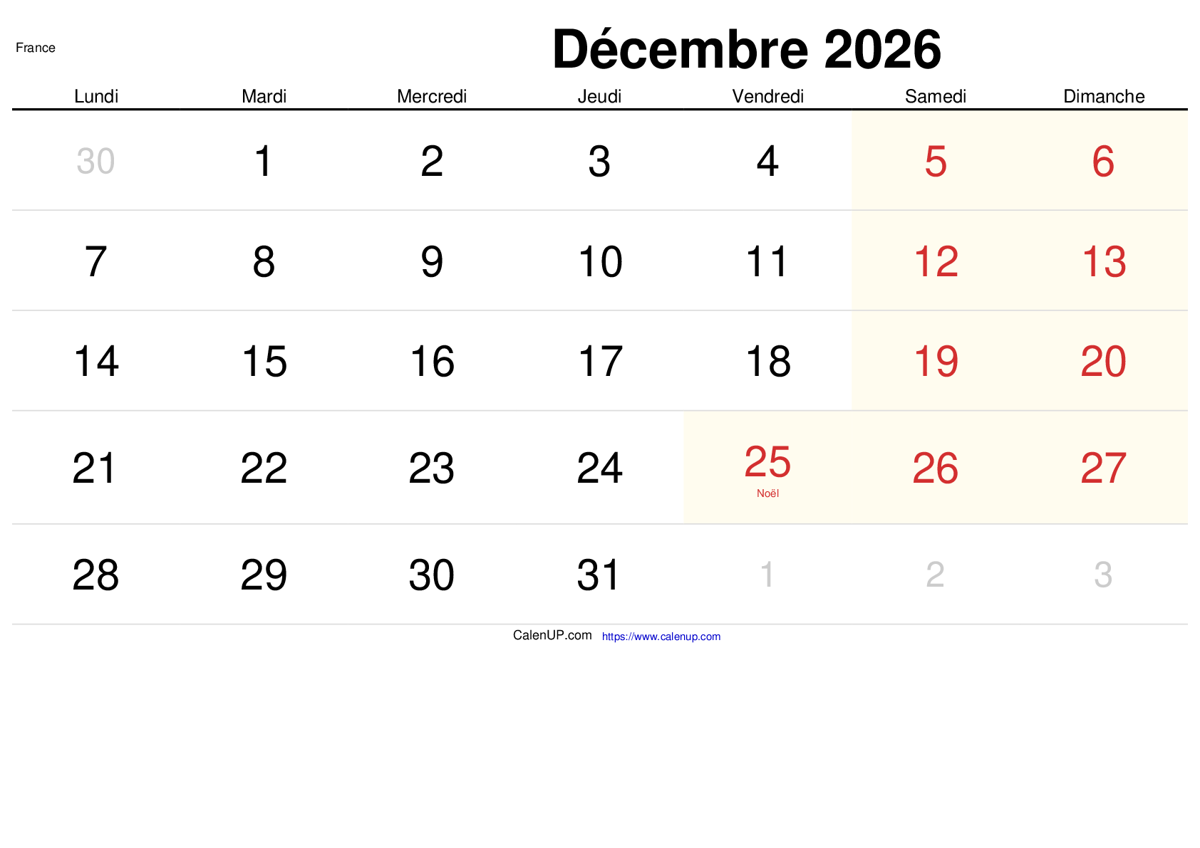 Calendrier Décembre 2026