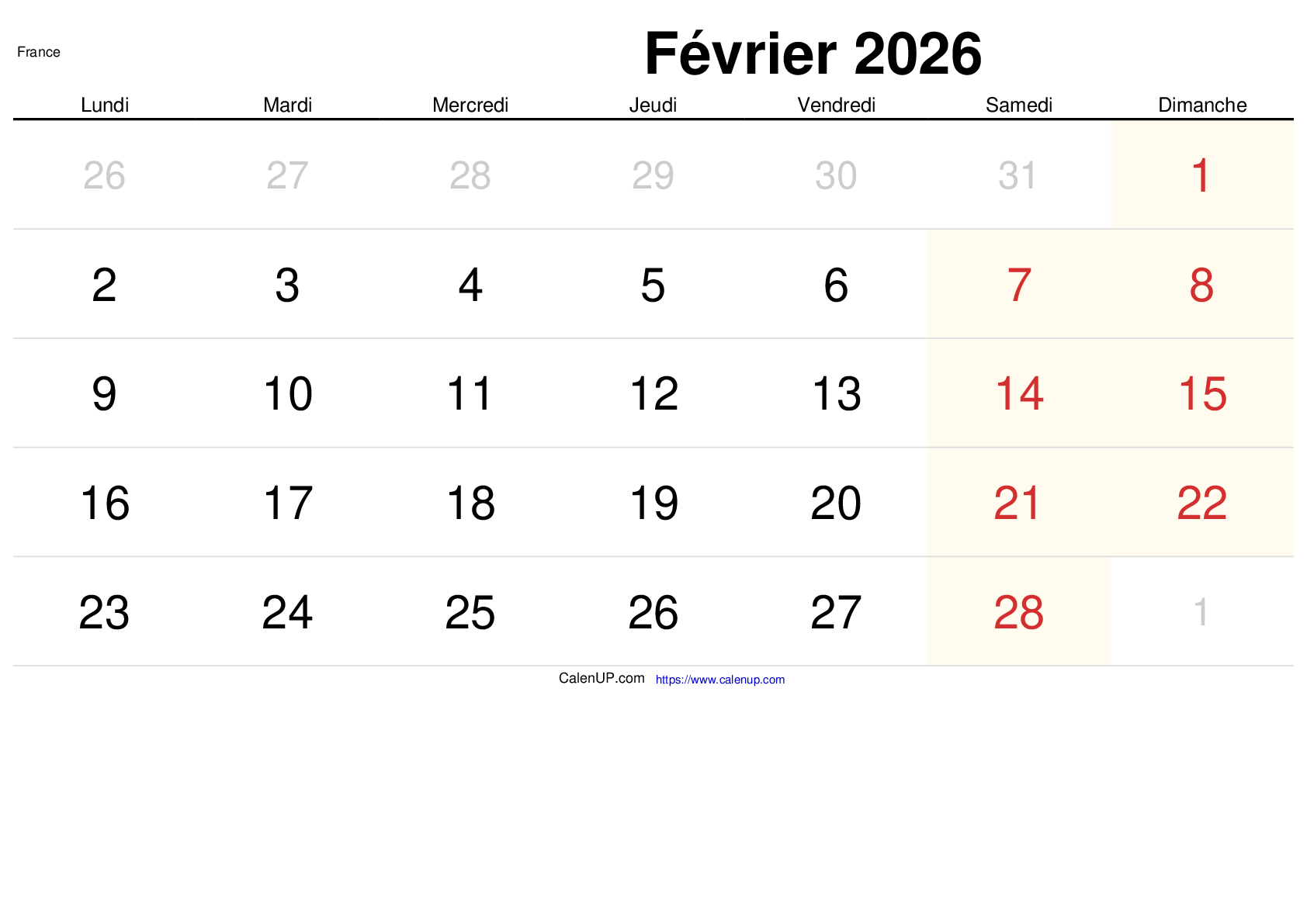 Calendrier Février 2026