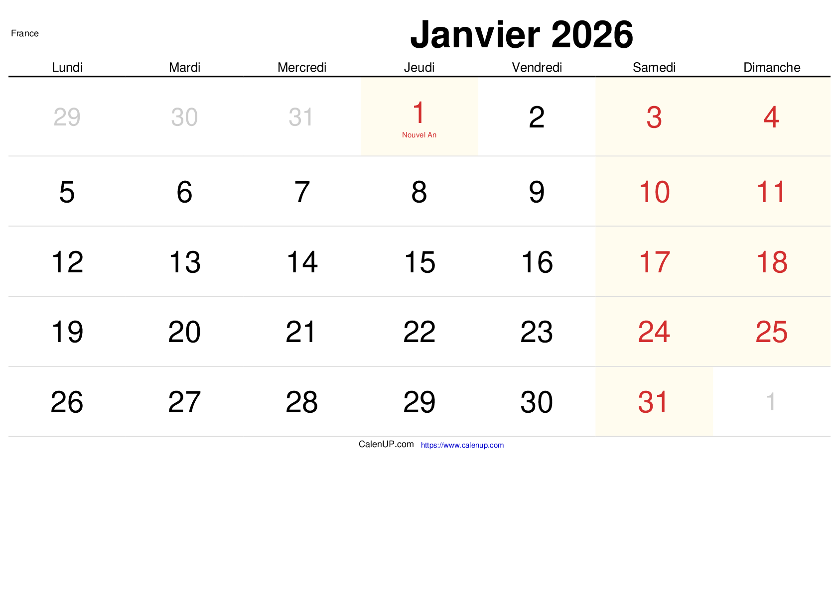 Calendrier Janvier 2026