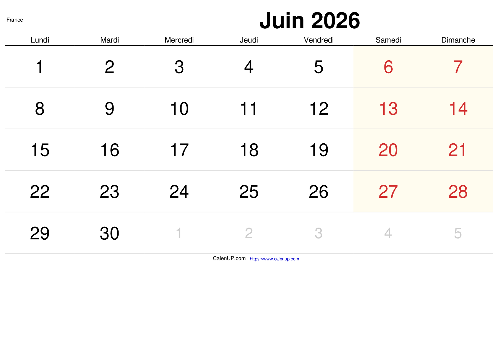 Calendrier Juin 2026