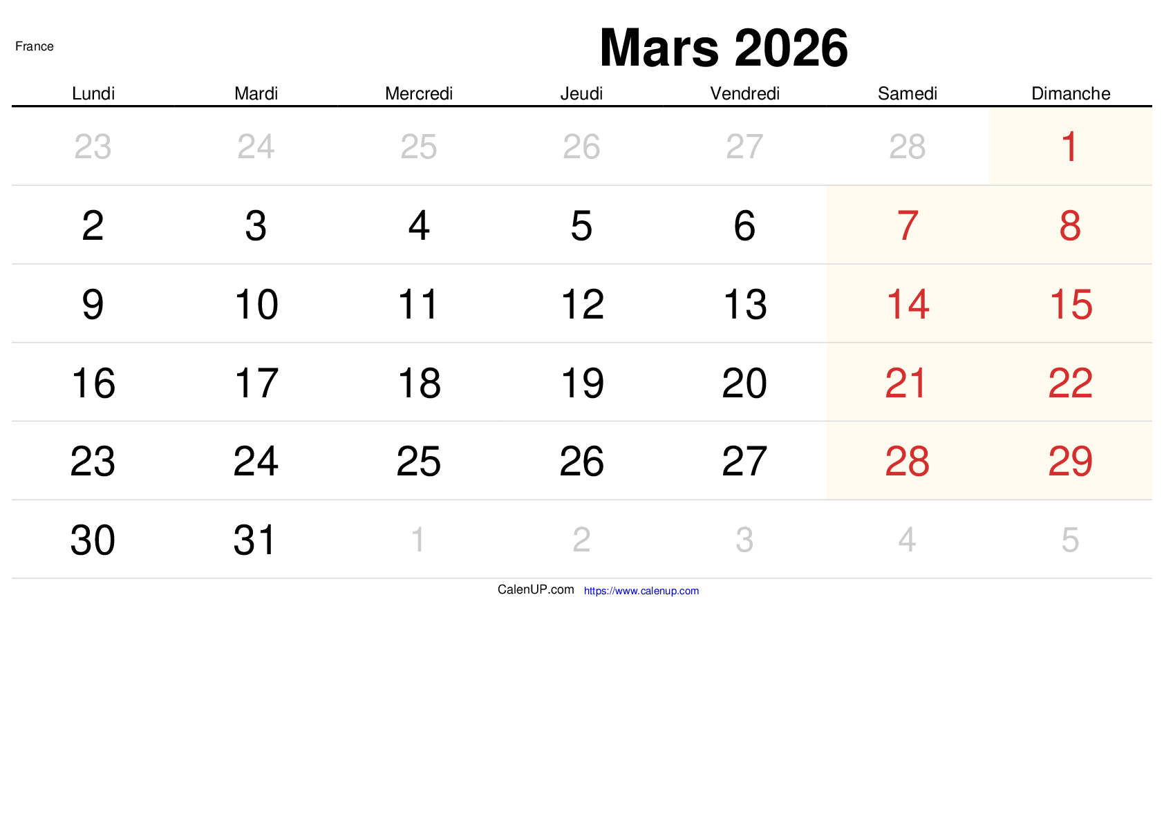 Calendrier Mars 2026