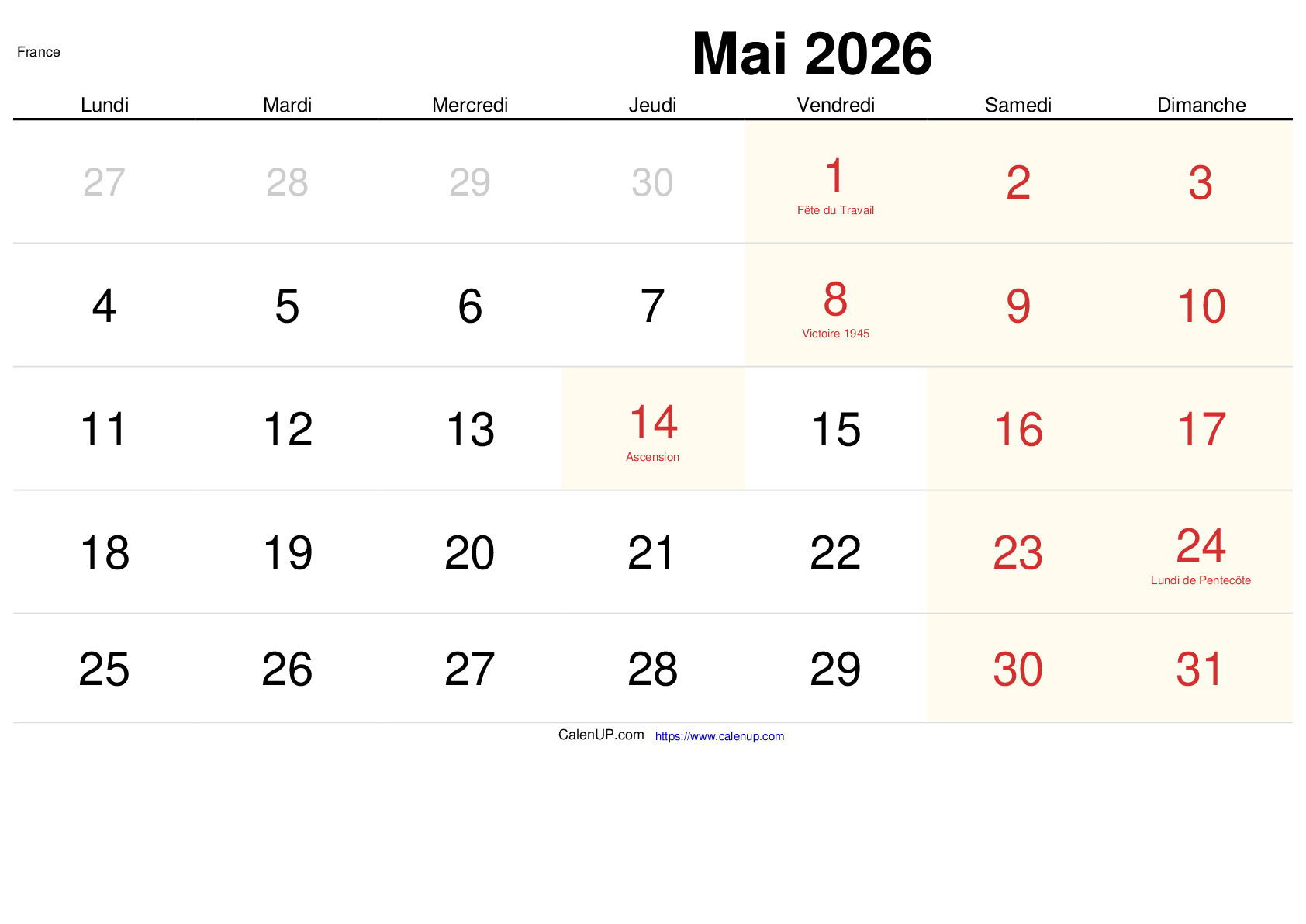 Calendrier Mai 2026