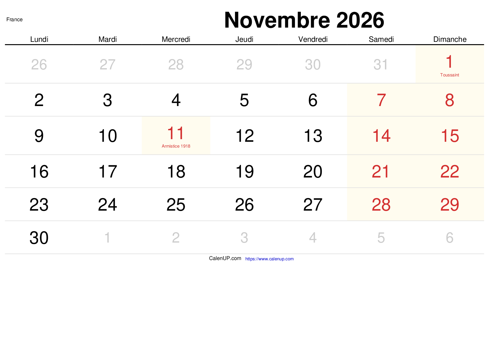 Calendrier Novembre 2026