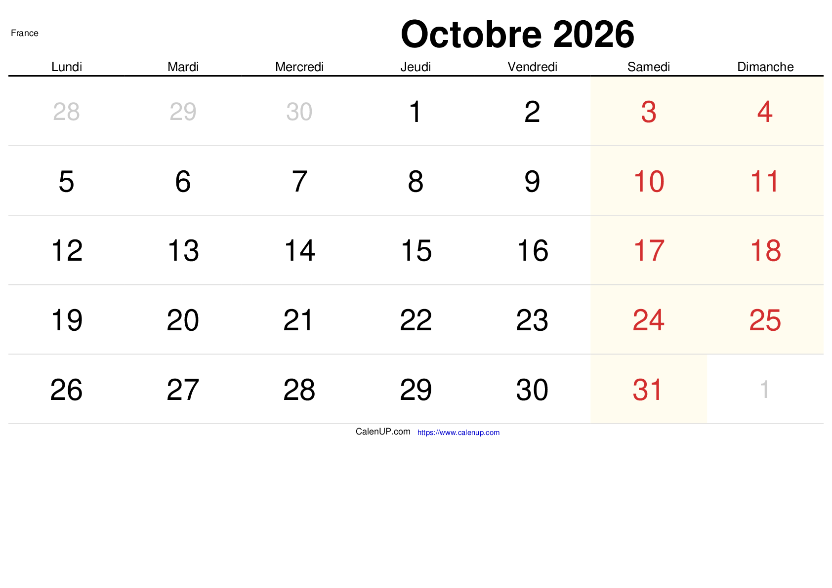 Calendrier Octobre 2026