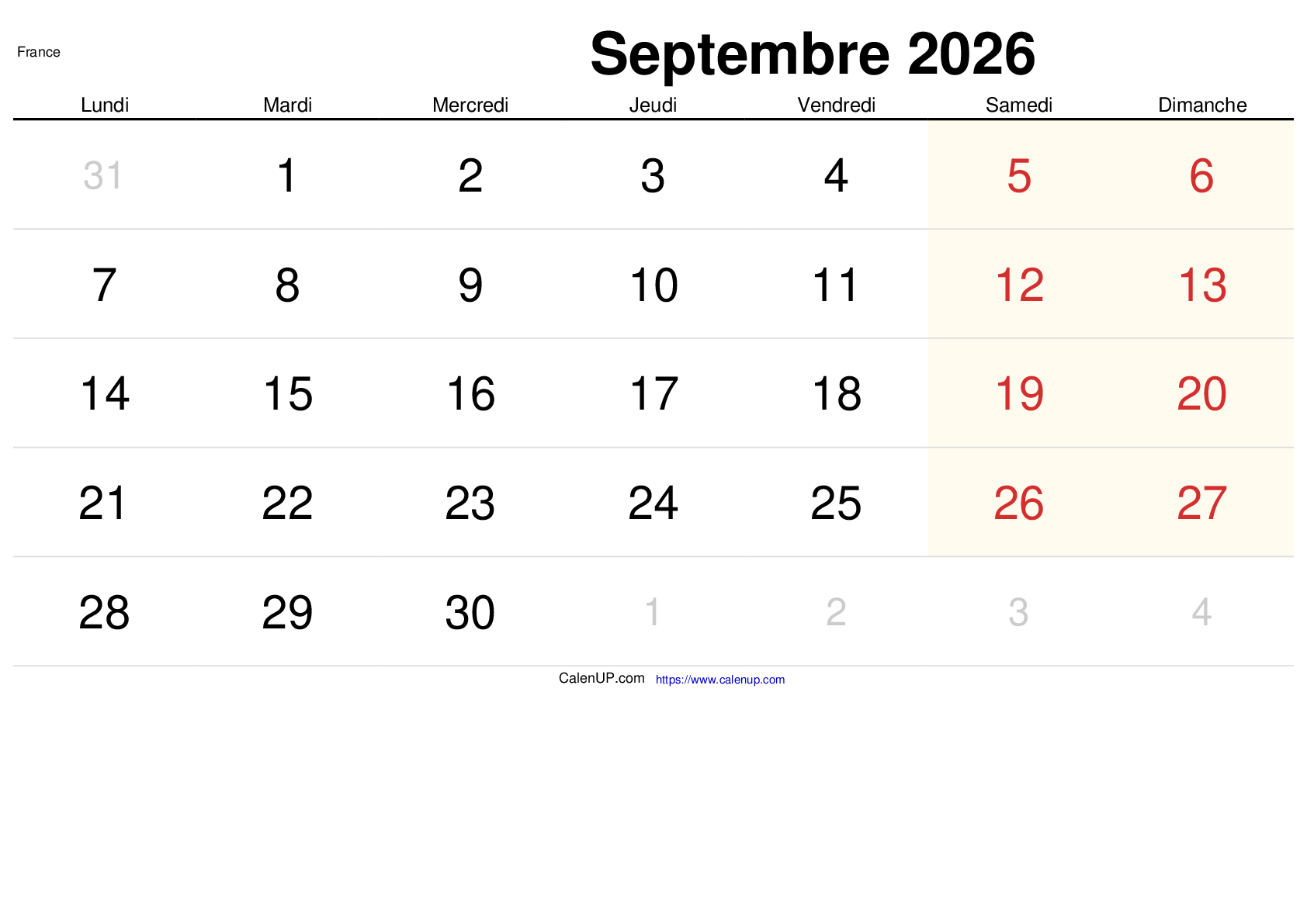 Calendrier Septembre 2026