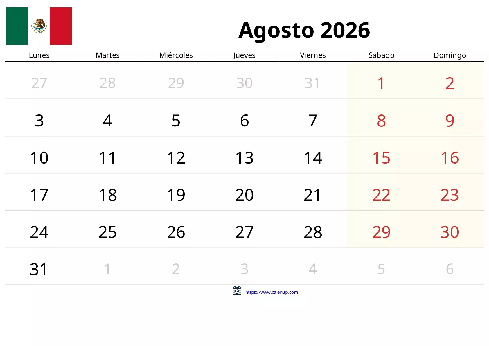 Calendario de Agosto de 2026 para México - Festivos y PDF gratis para ...