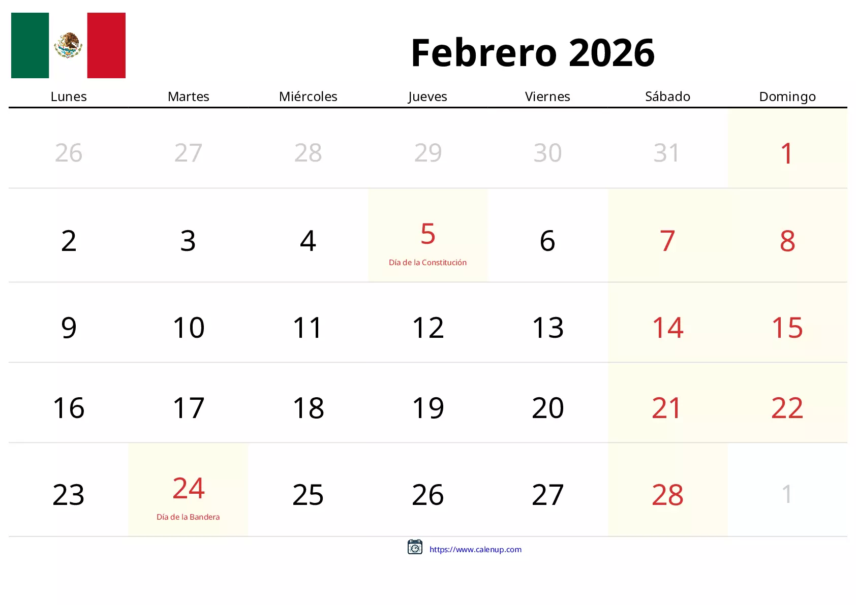 Calendario de Febrero de 2026 para México - Festivos y PDF gratis para ...