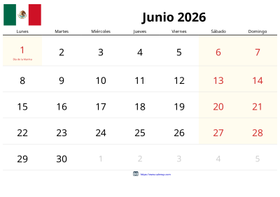 Calendario de Junio de 2026 para México - Festivos y PDF gratis para ...