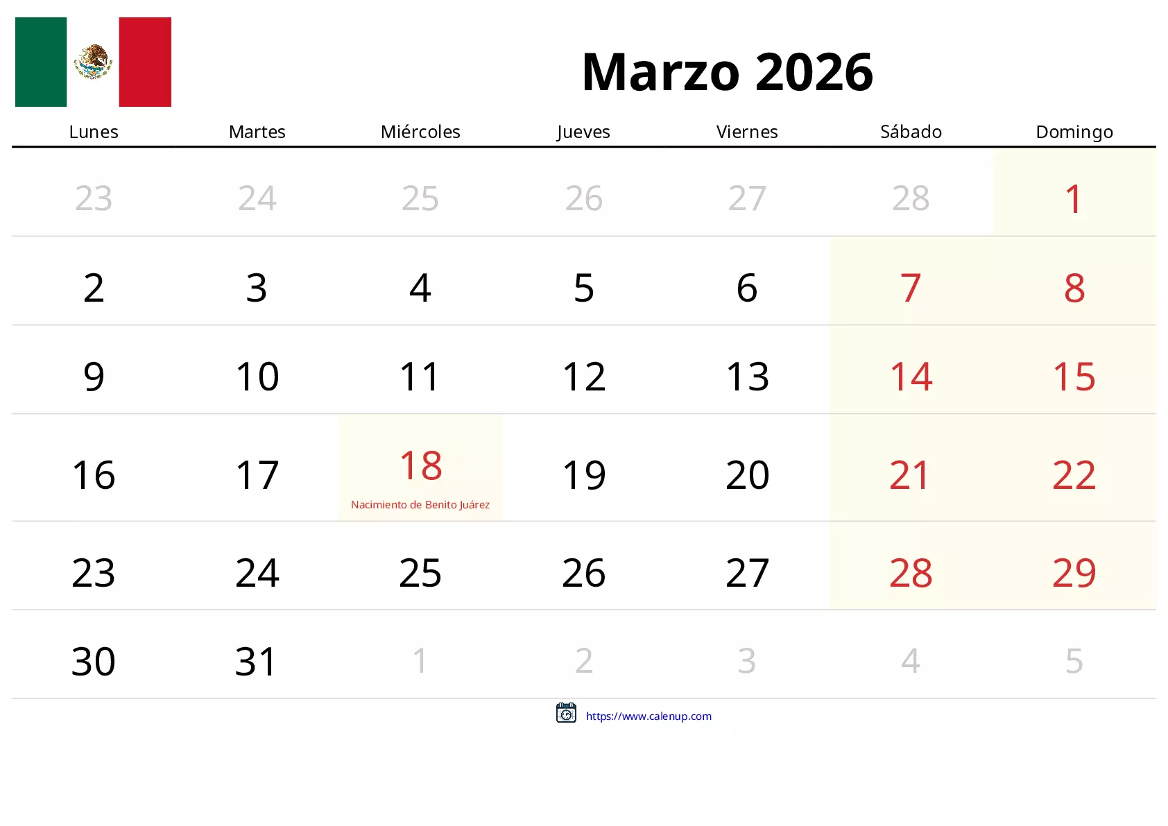 Calendario de Marzo de 2026 para México - Festivos y PDF gratis para ...