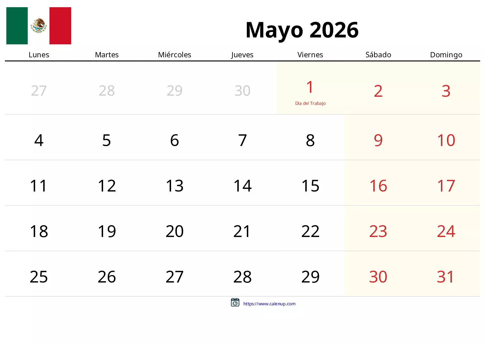 Calendario de Mayo de 2026 para México - Festivos y PDF gratis para ...