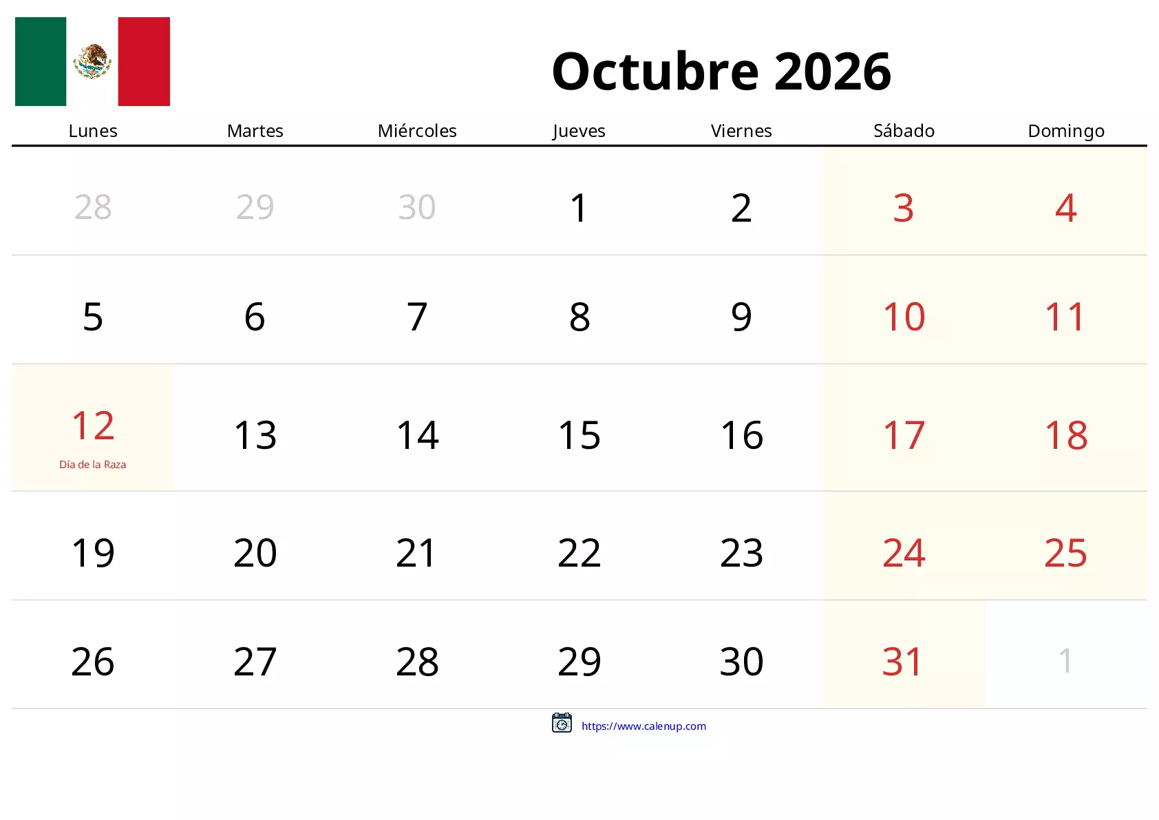 Calendario de Octubre de 2026 para México - Festivos y PDF gratis para ...