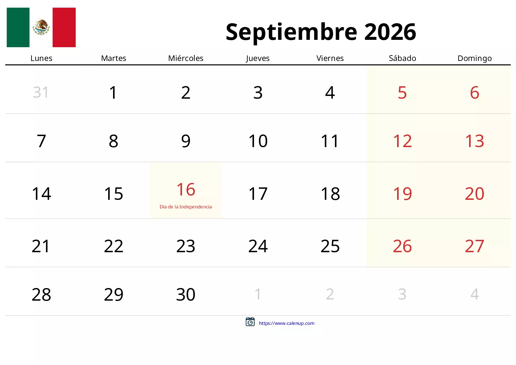 Calendario de Septiembre de 2026 para México - Festivos y PDF gratis ...