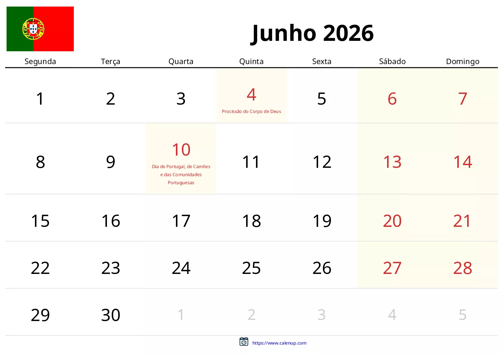 Calendário de Junho de 2026 (Portugal): Feriados e Eventos do Mês ...