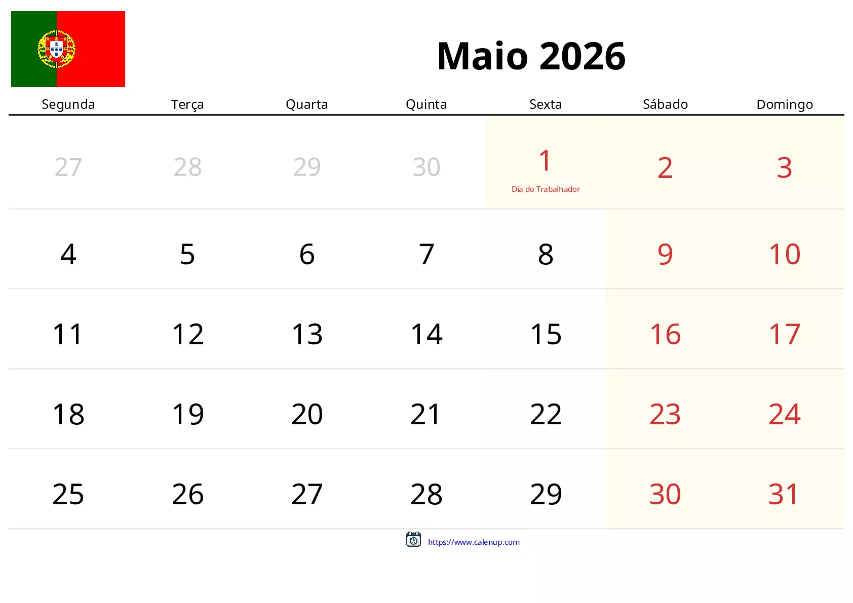 Calendário de Maio de 2026 (Portugal): Feriados e Eventos do Mês ...