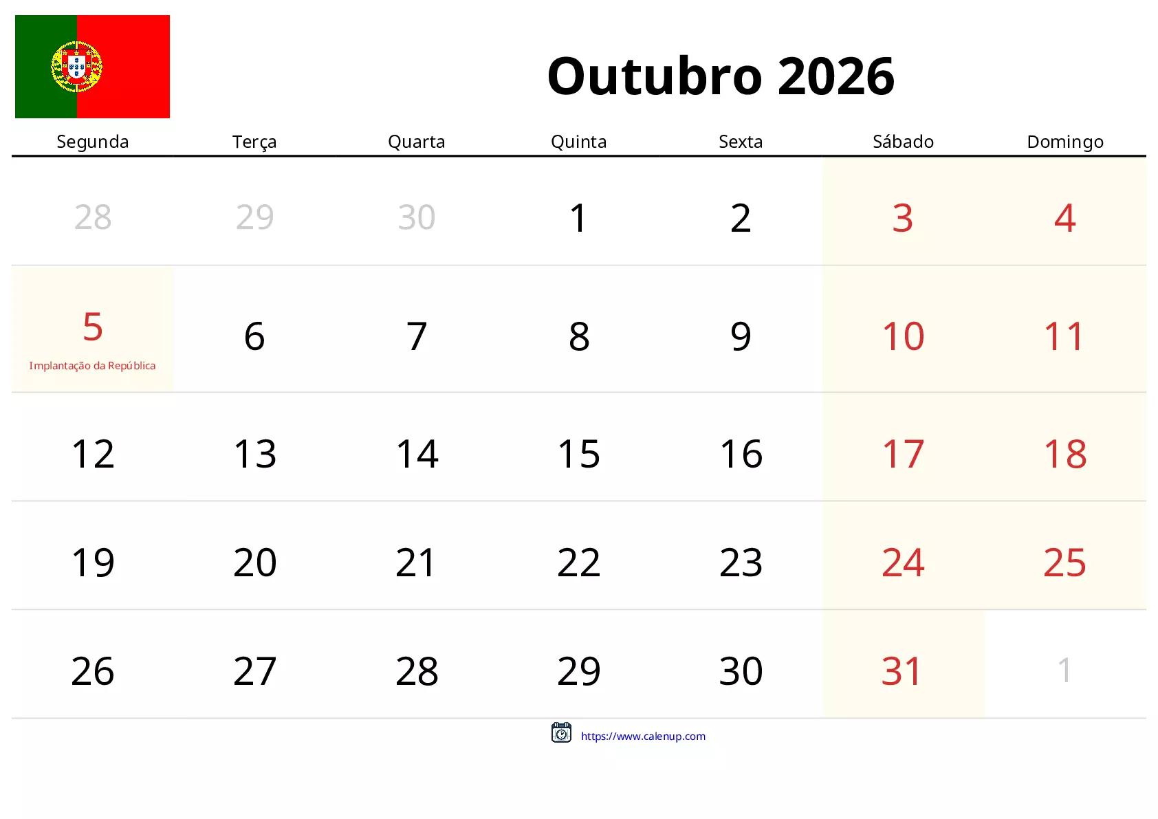 Calendário de Outubro de 2026 para Portugal - Feriados e PDF Grátis ...