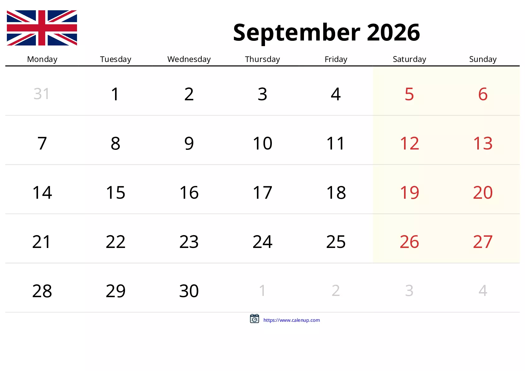 September 2026 Calendar for United Kingdom - Holidays and Free