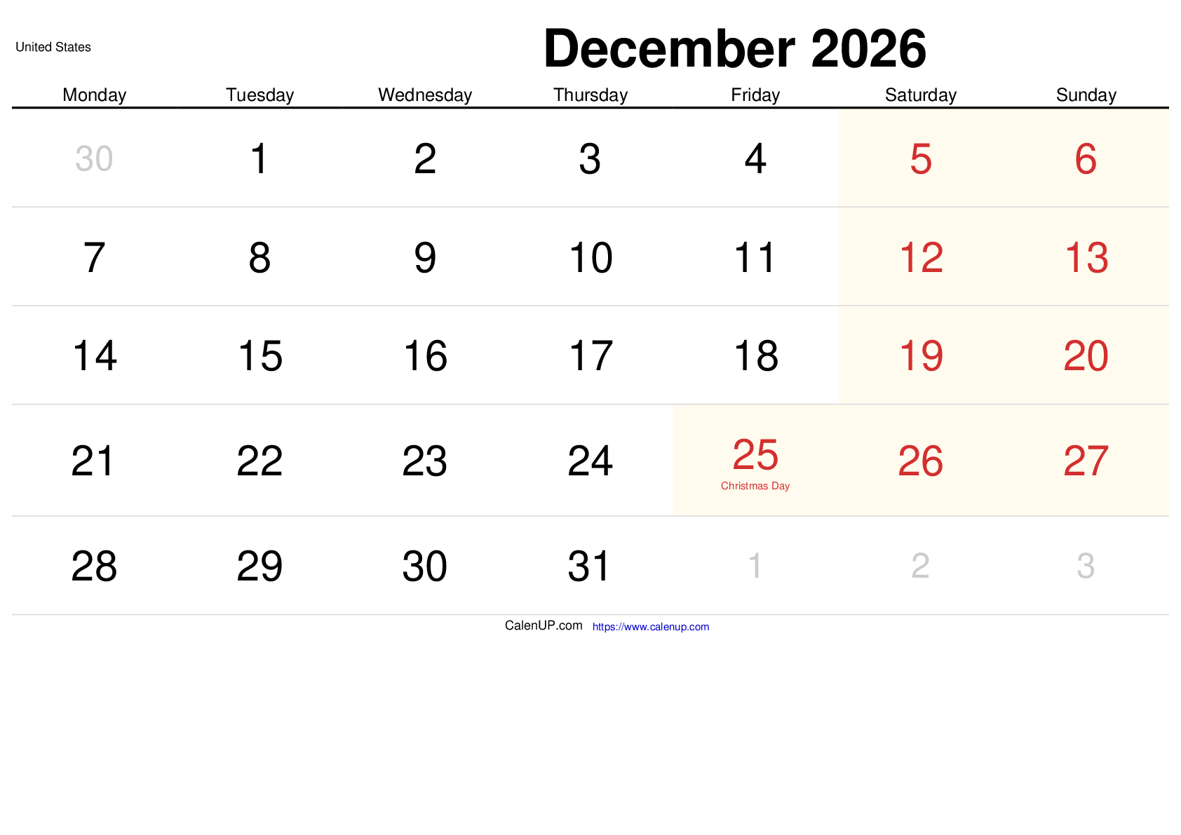 December 2026 Calendar