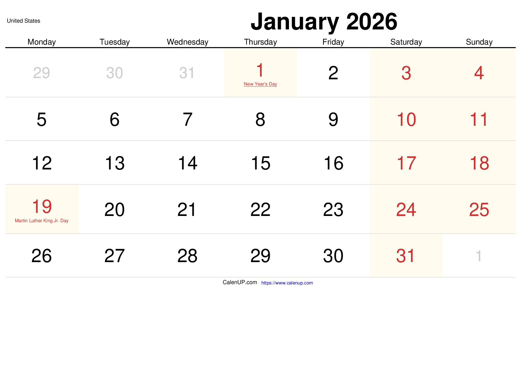 Januar 2026 Kalender