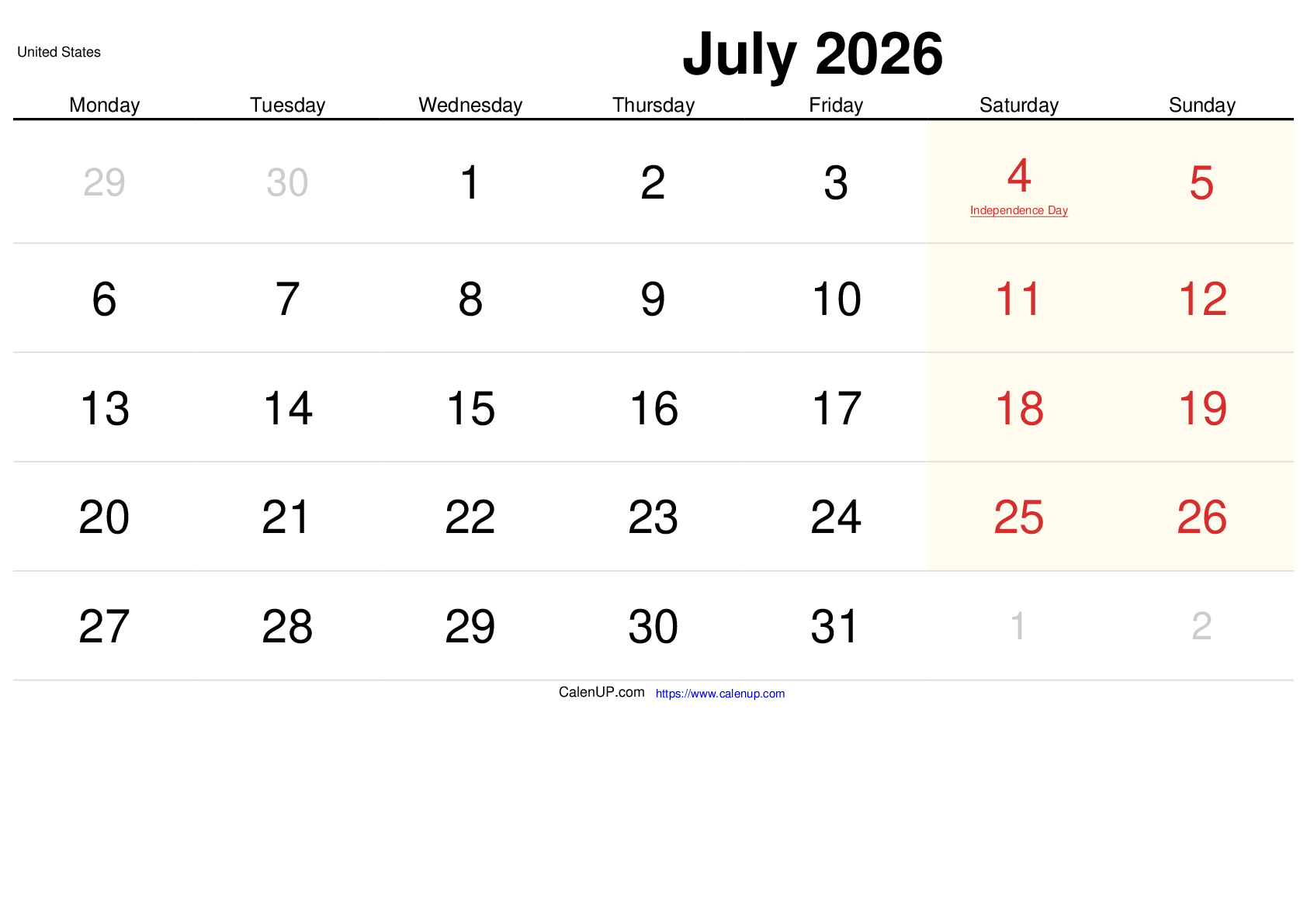 July 2026 Calendar