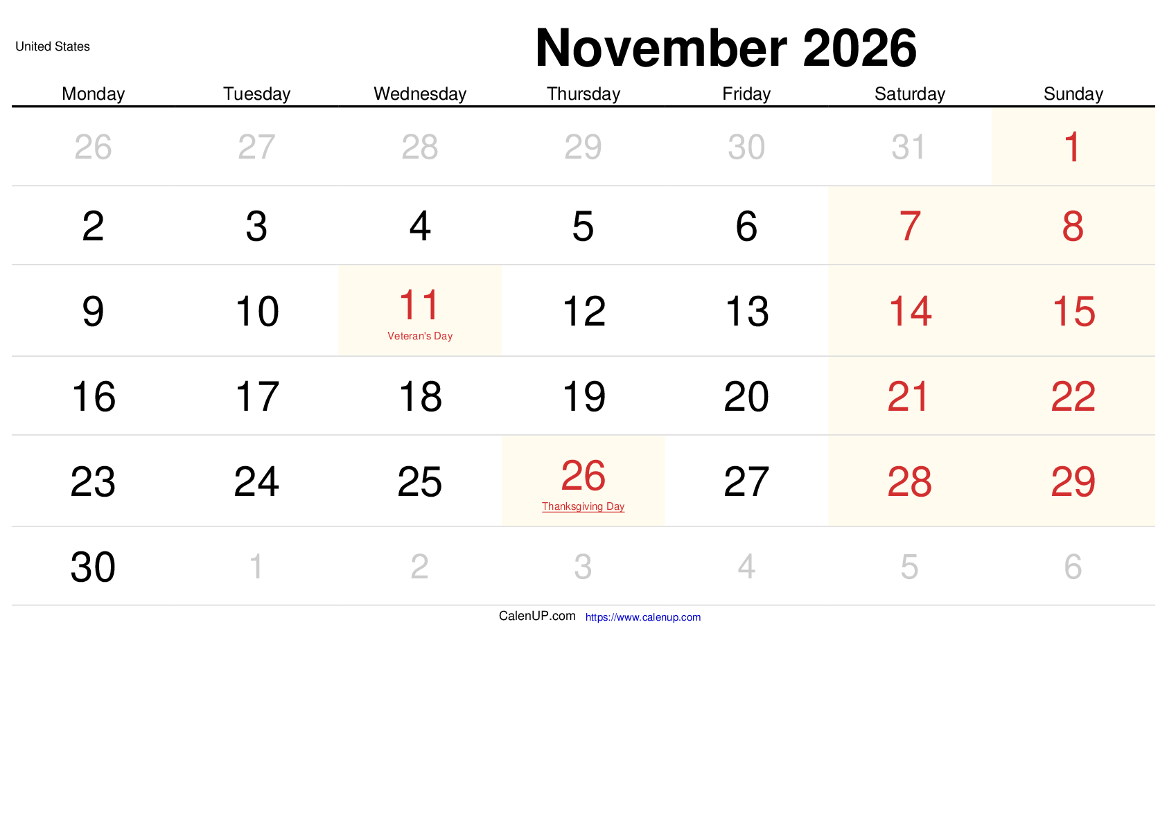 November 2026 Calendar