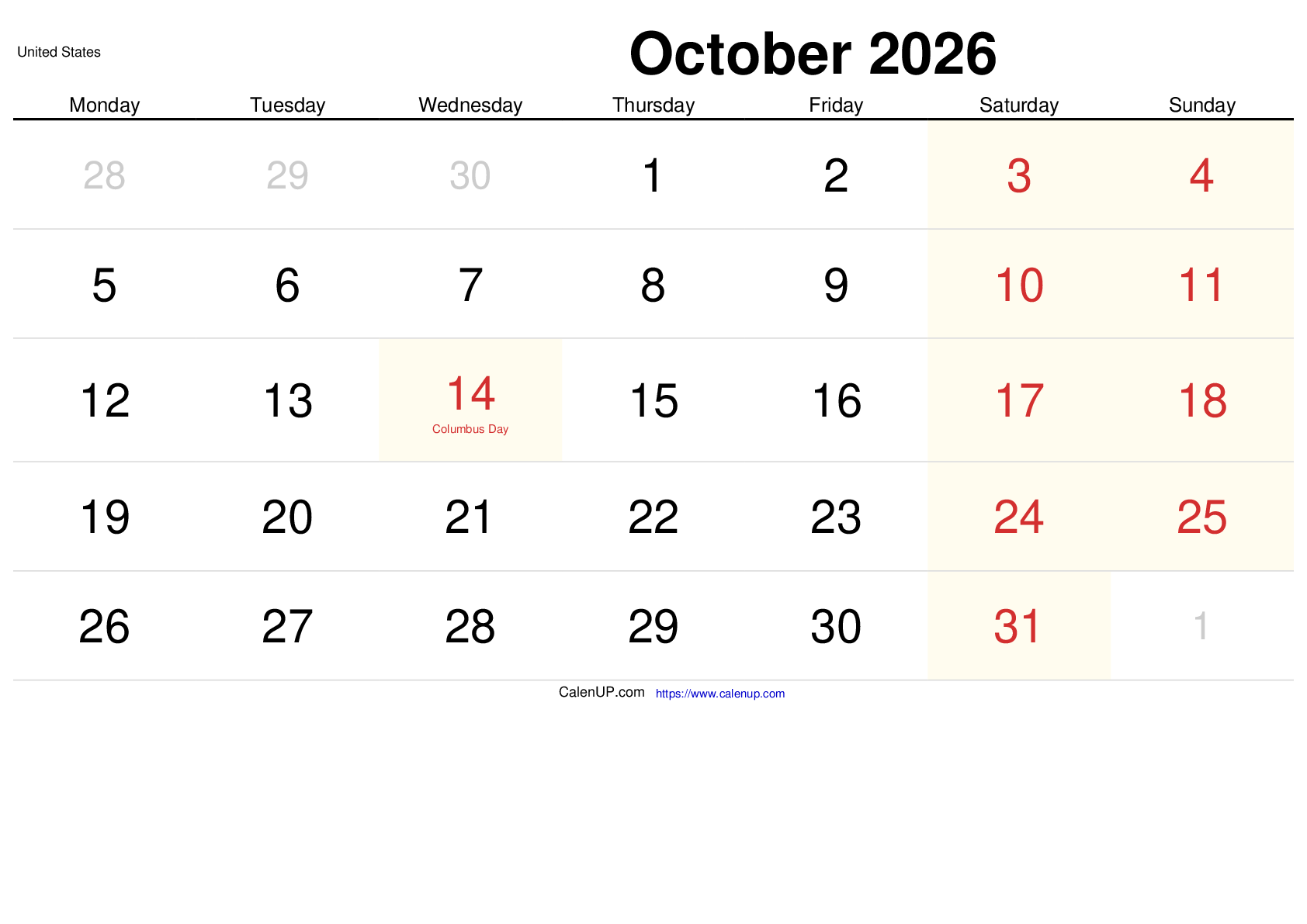 October 2026 Calendar