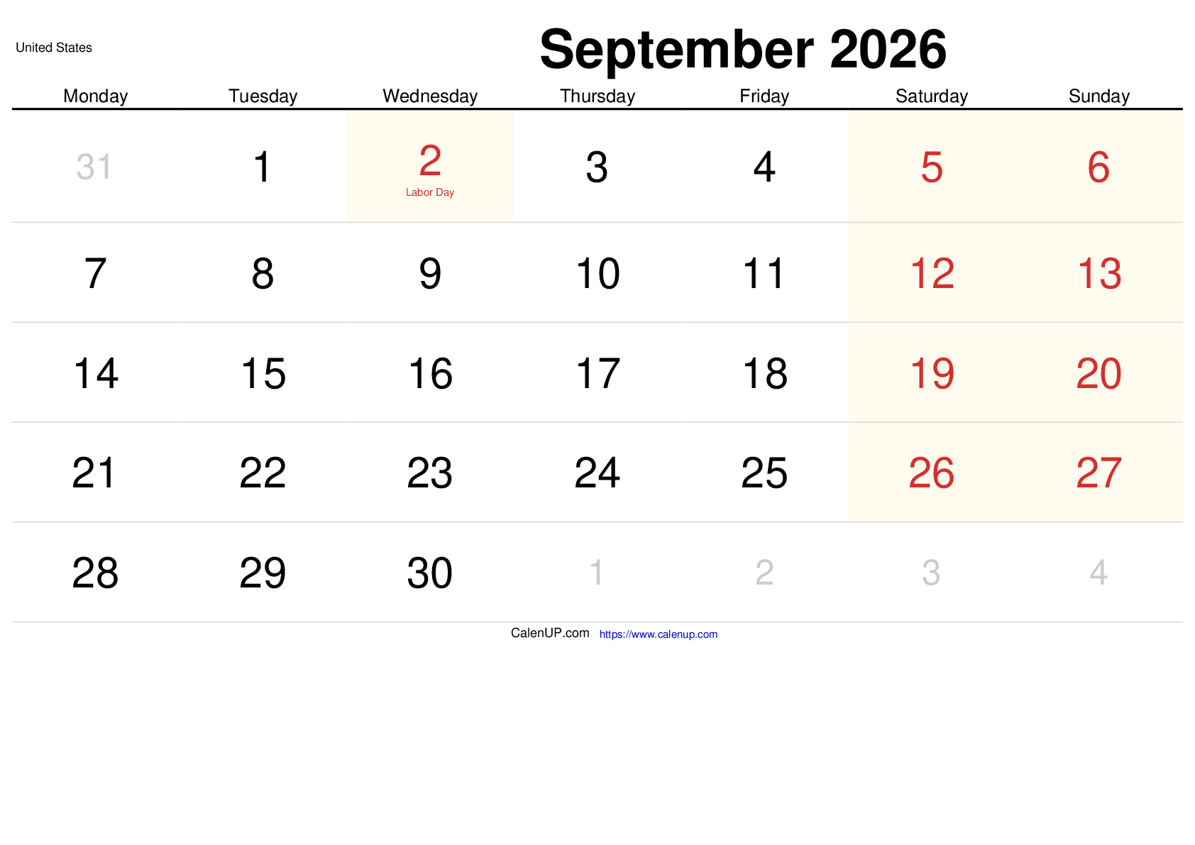 September 2026 Calendar