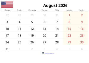 Calendário de Agosto de 2026 