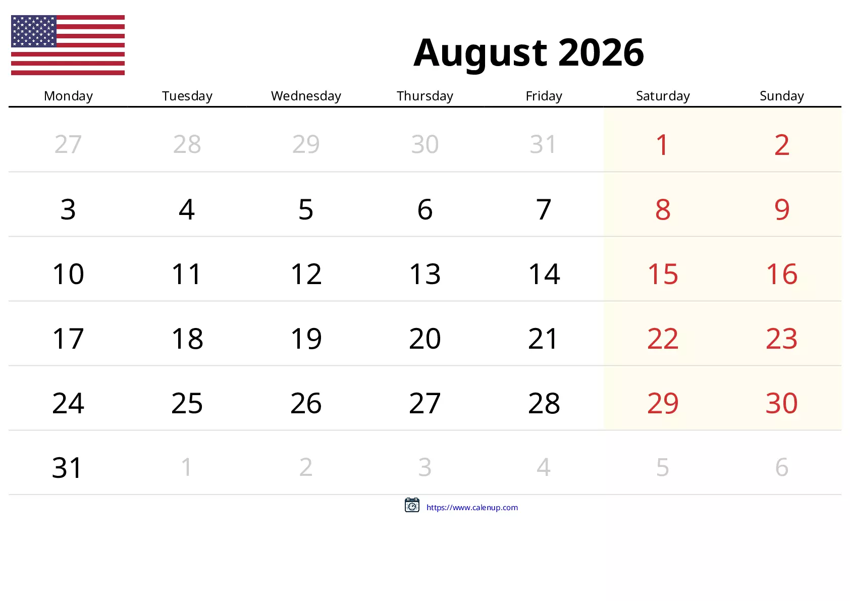 August 2026 Calendar Printable for United States CalenUP