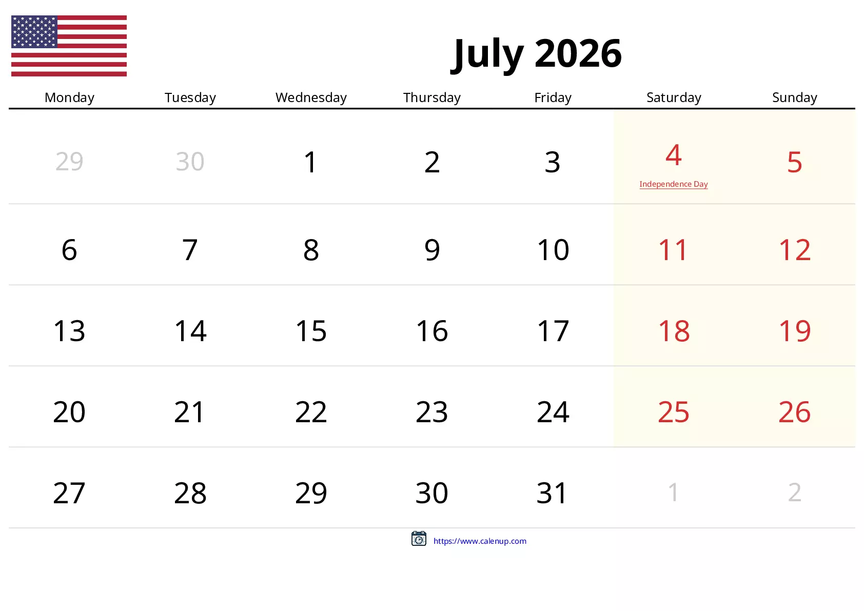 July 2026 Calendar for United States - Holidays and Free Printable PDF ...