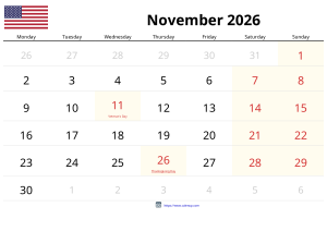 Calendário de Novembro de 2026 