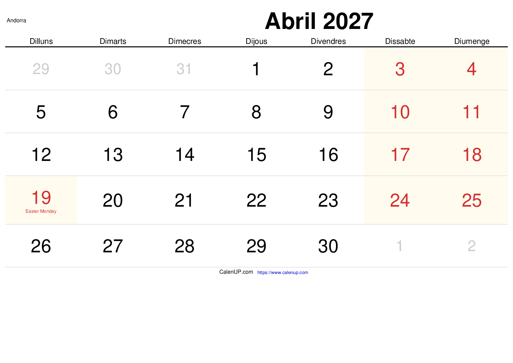 Calendari Abril 2027