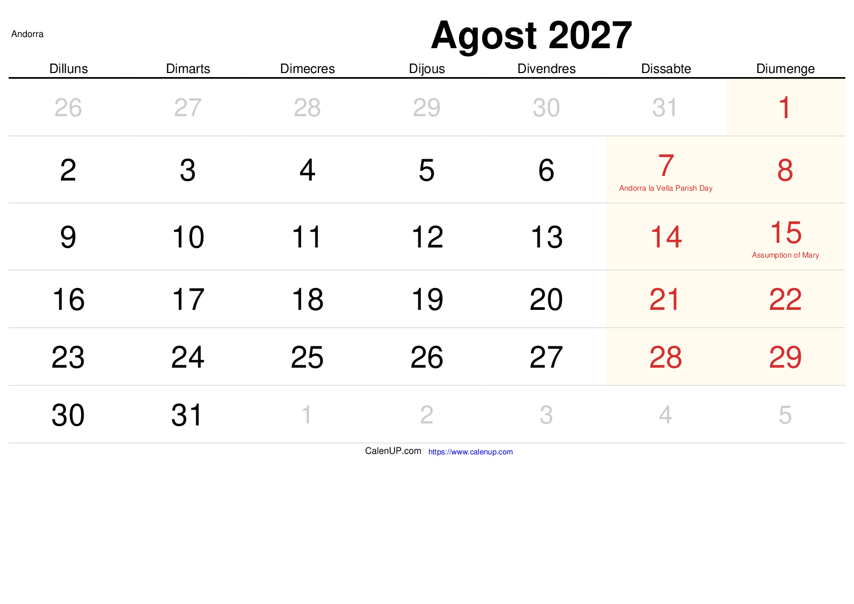 Calendari Agost 2027