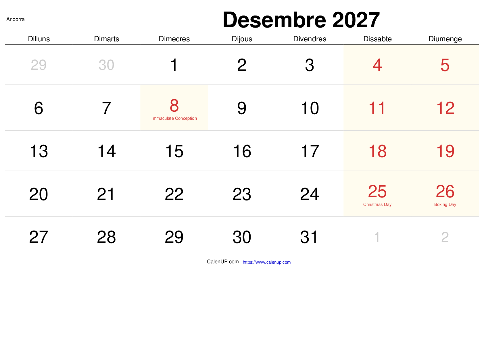 Calendari Desembre 2027