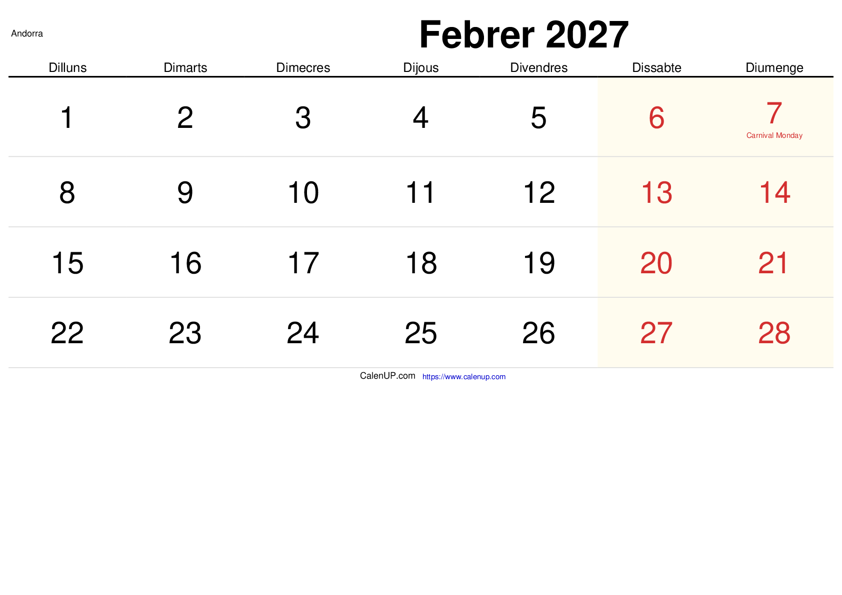 Calendari Febrer 2027