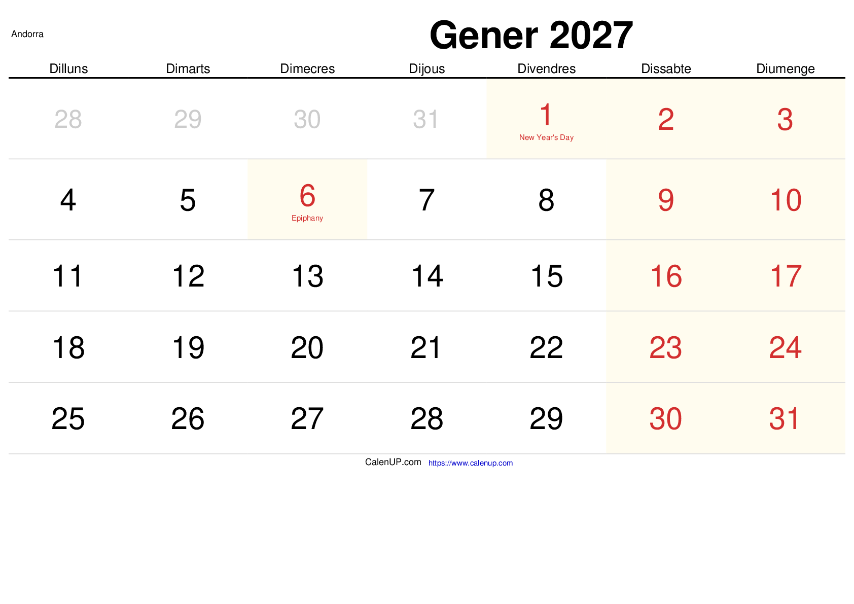 Calendari Gener 2027