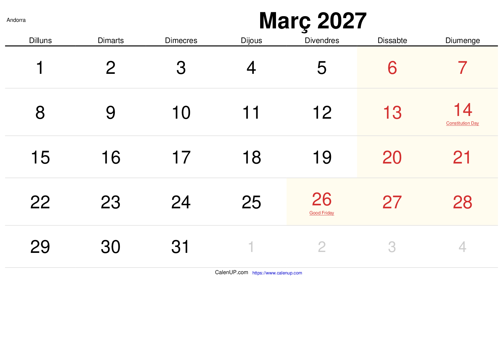 Calendari Març 2027