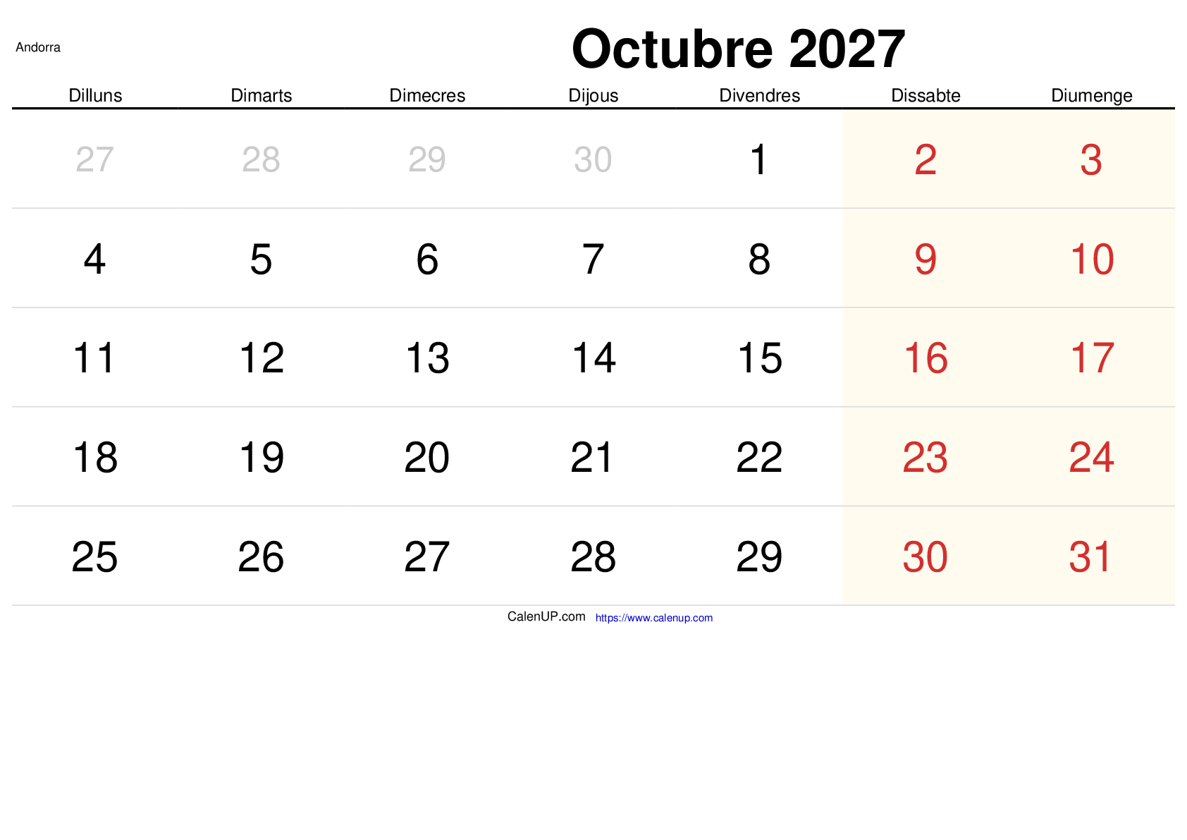 Calendari Octubre 2027