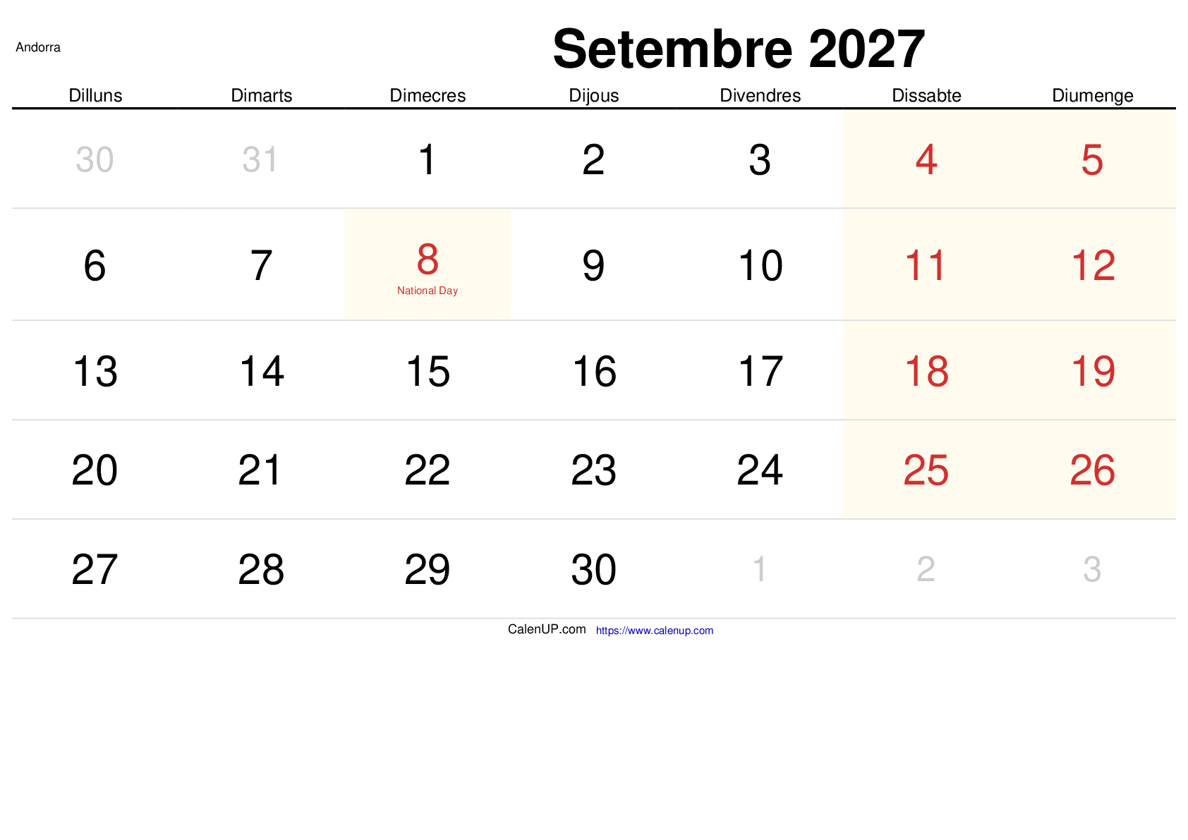 Calendari Setembre 2027