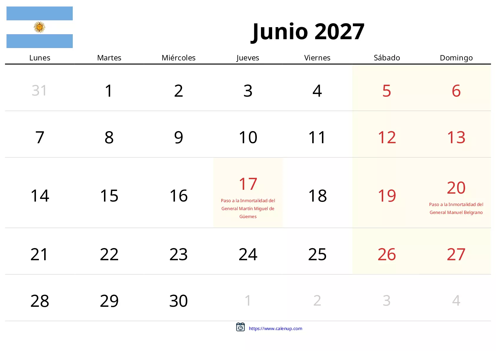 Calendario de Junio de 2027 para Argentina - Festivos y PDF gratis para ...
