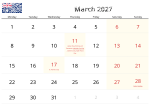 Marzo 2027 Calendario