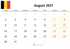 八月 2027 日历 八月 2027 日历