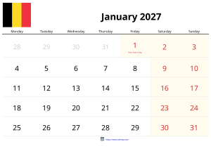一月 2027 日历 一月 2027 日历