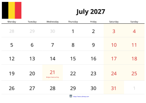 七月 2027 日历 七月 2027 日历