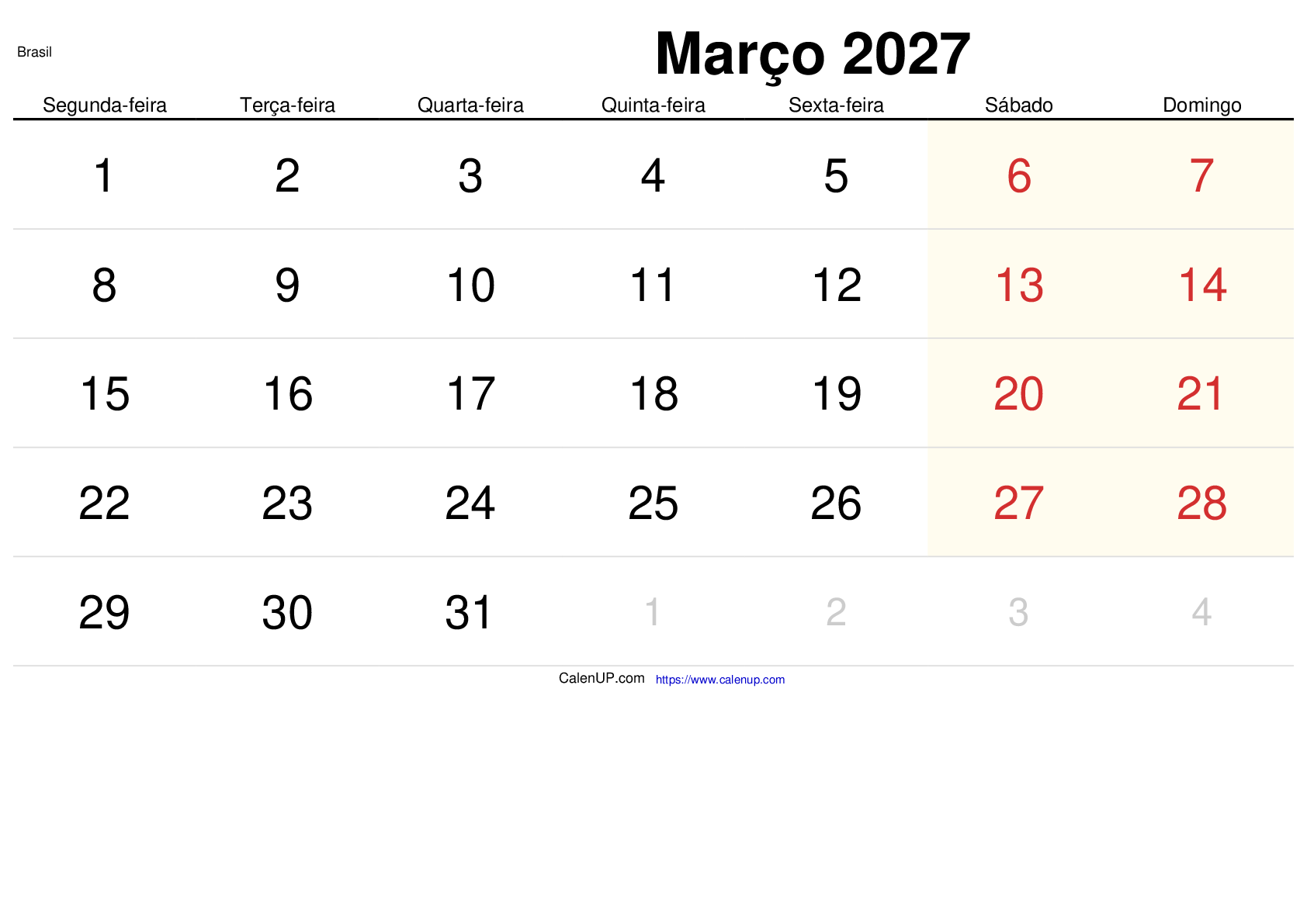 Mars 2027 Kalender