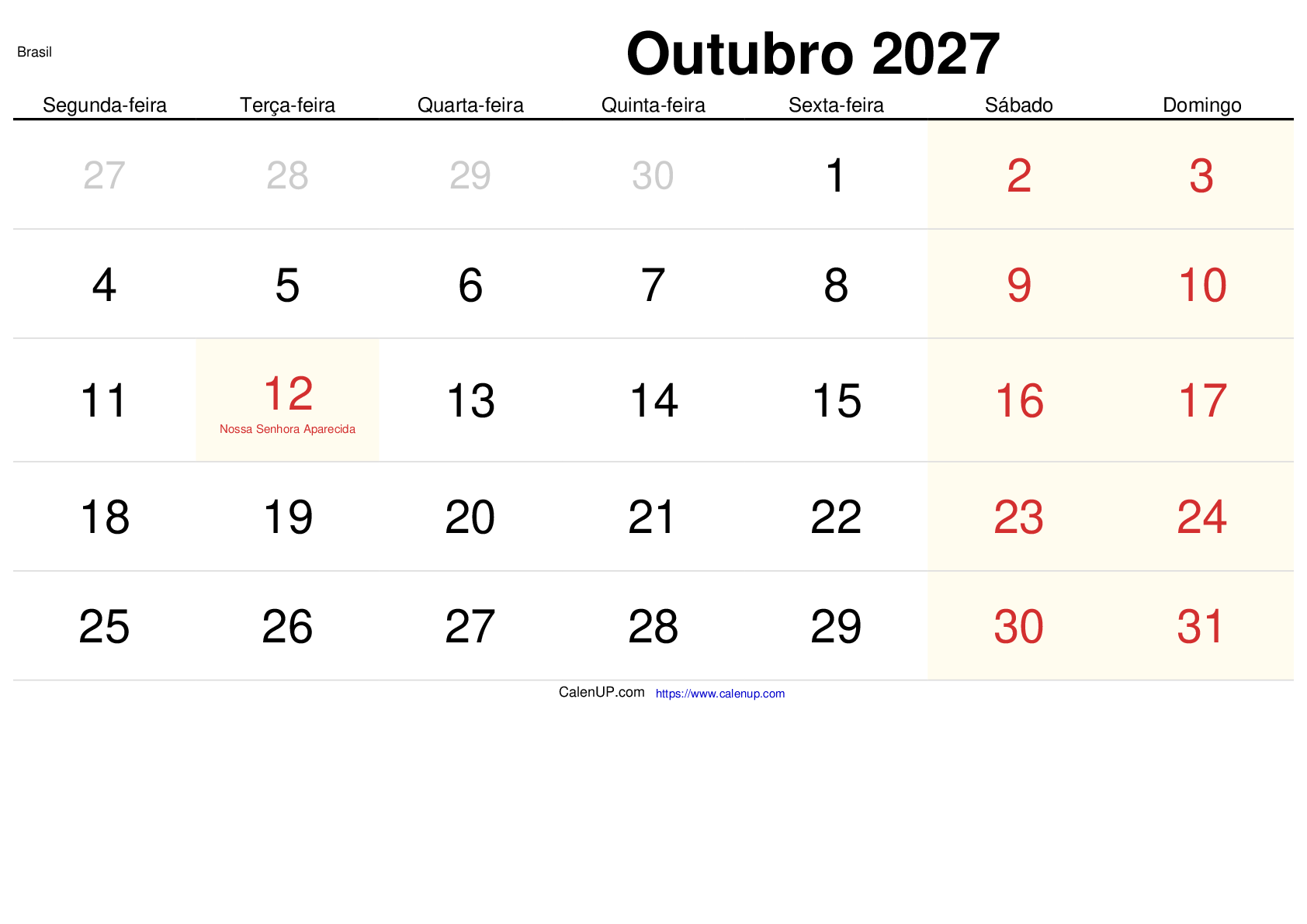 Oktober 2027 Kalender