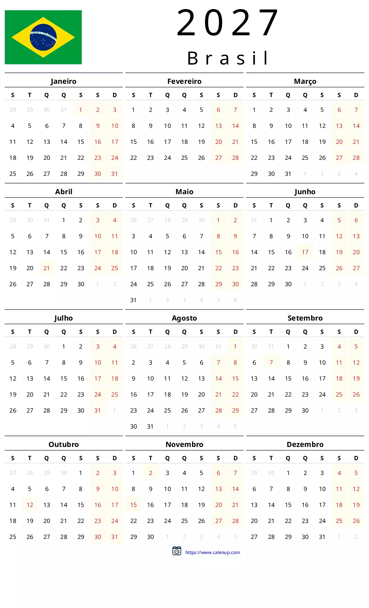 Calendario 2027 con Feriados para Brasil – PDF y Excel Imprimibles ...