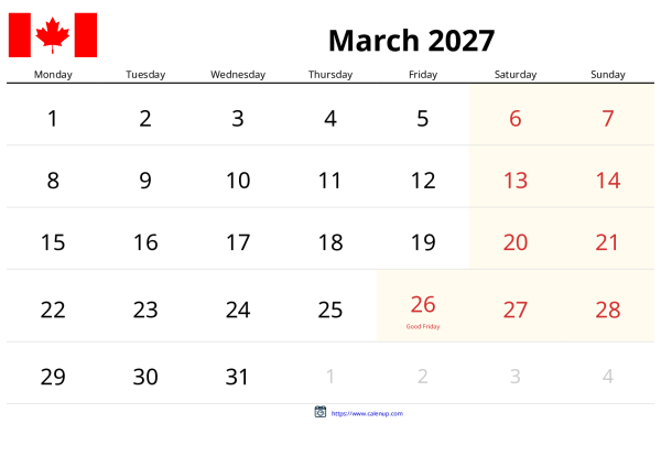 March 2027 Calendar for Canada - Holidays and Free Printable PDF | CalenUP